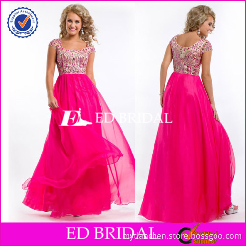 Hot Pink Scoop Neckline Beading Cap Sleeve Spanish Style Evening Dress Long